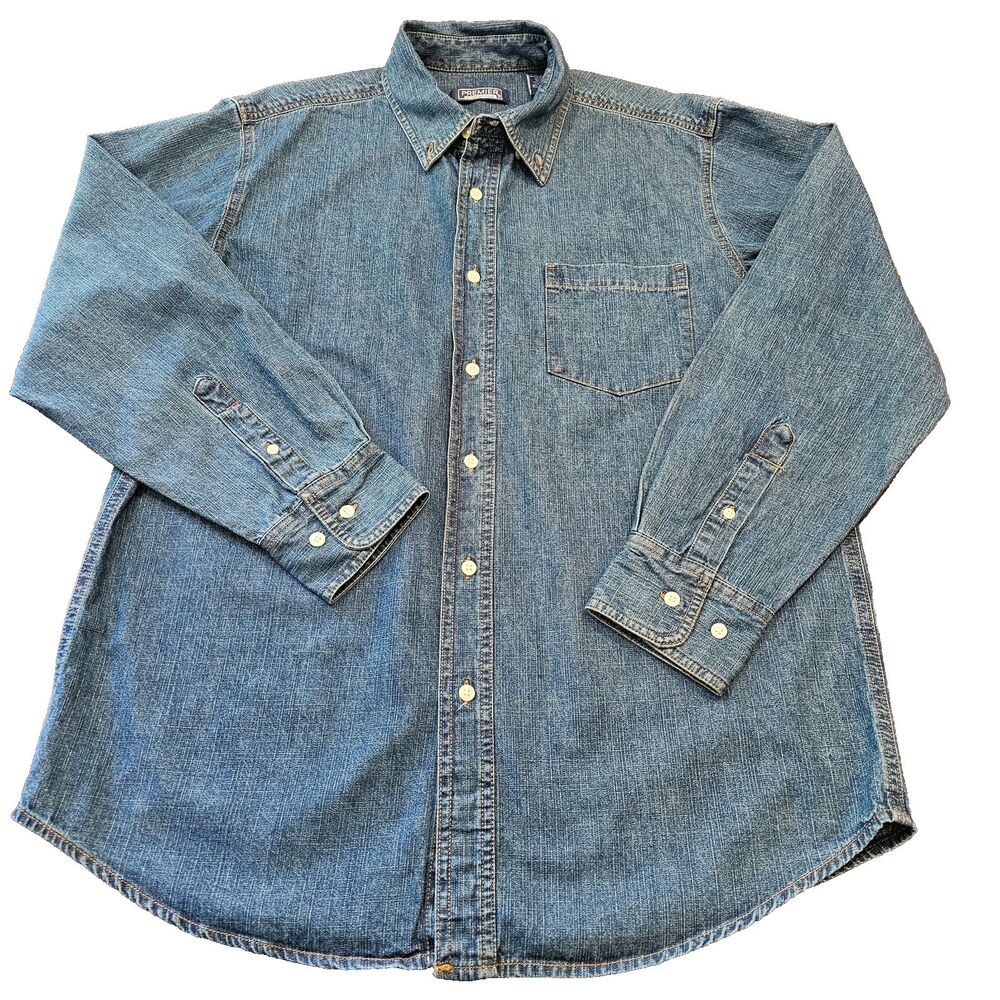 Men's Size L Denim Casual Button-Down Shirt Plain Long Sleeve Medium Wash Vintg